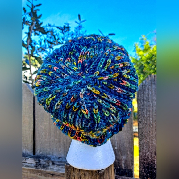 Knit Hat Warm Hand Dyed Soft Wool Green Multicolor Striped Brioche Stocking Cap - Picture 12 of 13